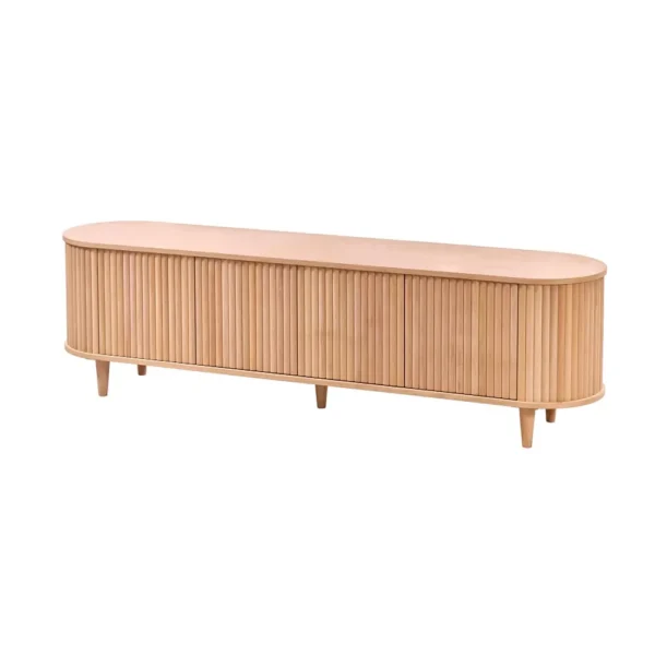 Ahşap Çıtalı Oval TV Sehpası oval hatlı çıtalı ham ahşap TV ünitesi modeli