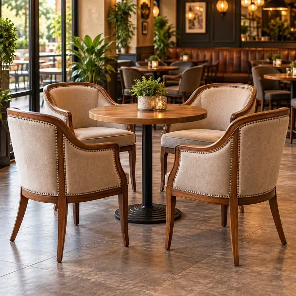 Ahşap cafe koltukları ve döşemeli kollu cafe oturma modelleri