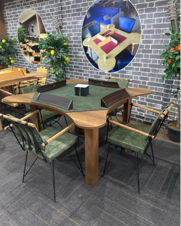 Yeşil kadife kaplamalı modern yanlıklı okey masası, ahşap gövdeli ve dayanıklı oyun masası